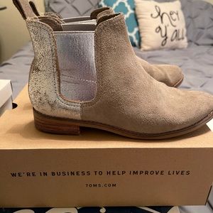 Silver and tan suede TOMS booties